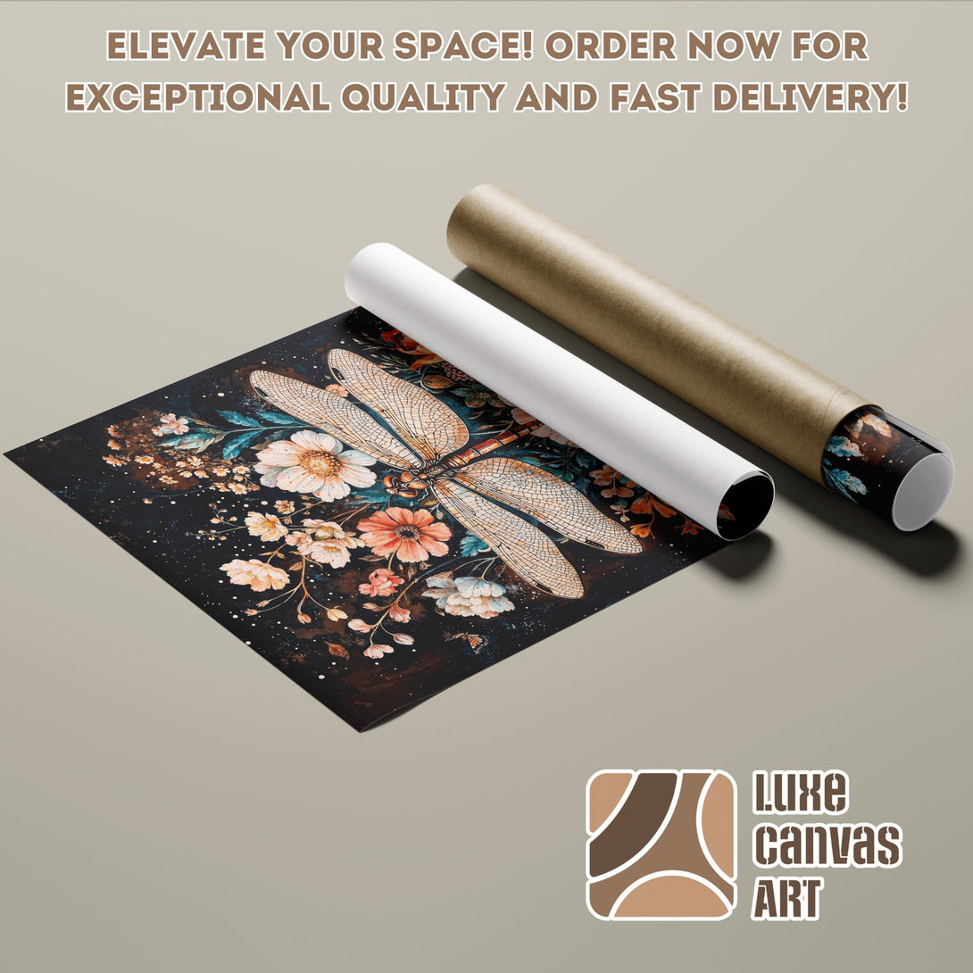 Dragonfly floral art Poster Roll, dark & warm color palette. Elevate your space with exceptional quality and fast delivery!