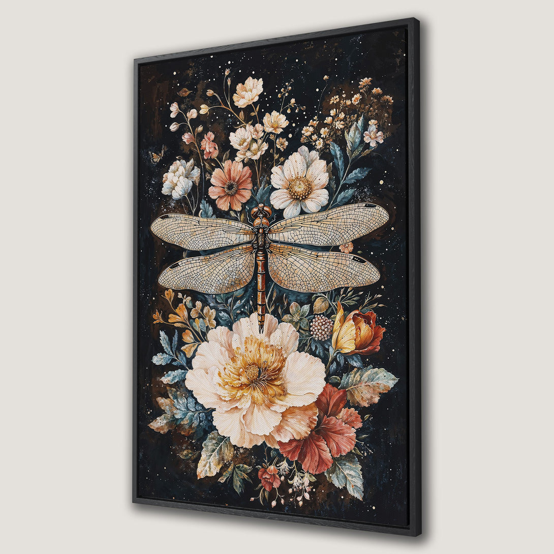 Framed Wall Art featuring a dragonfly and floral arrangement in watercolor style. Earthy tones with pops of peach, orange, and blue against a dark background.