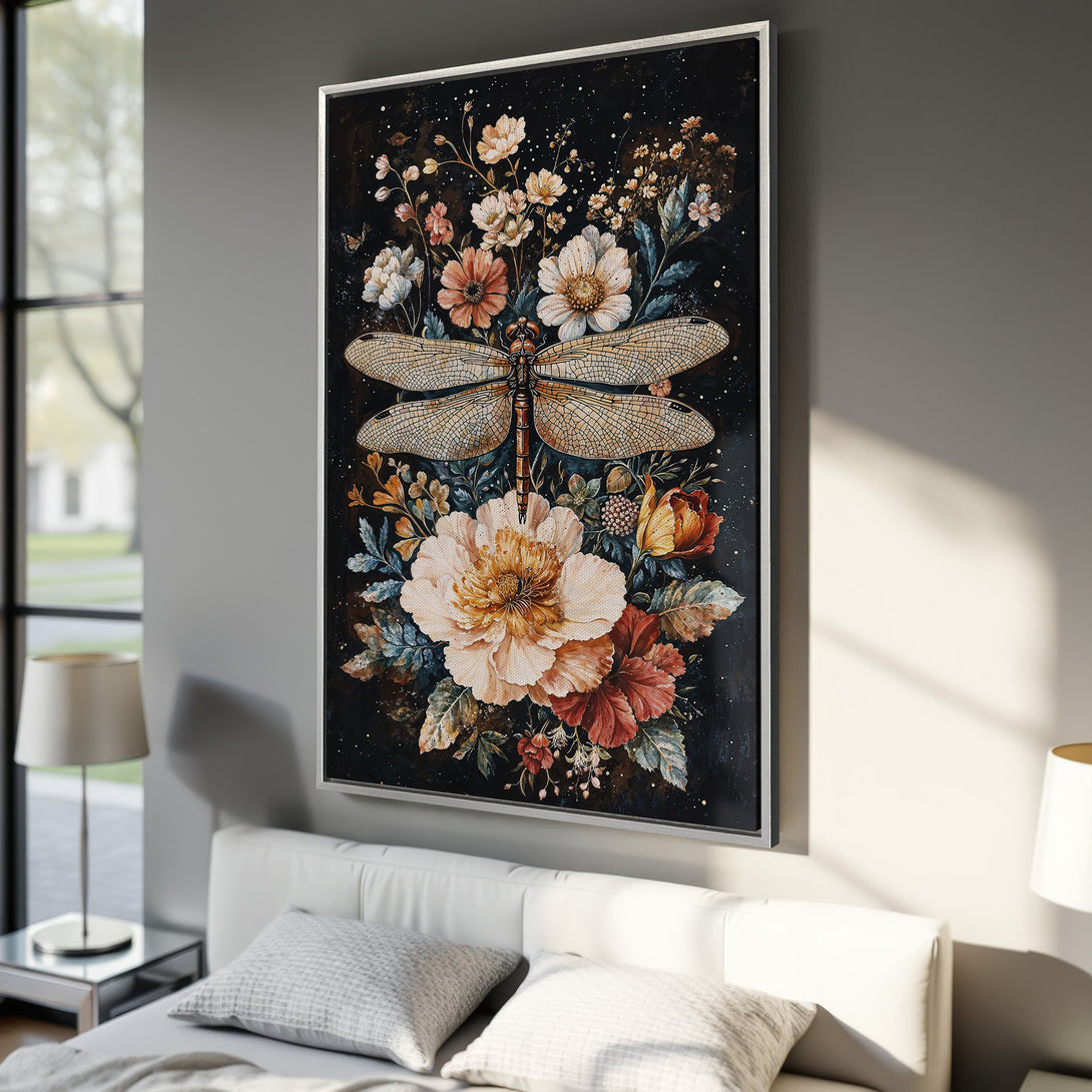 Framed Wall Art featuring a dragonfly and floral design in a watercolor style. Warm color palette with dark background, perfect for adding a touch of elegance.