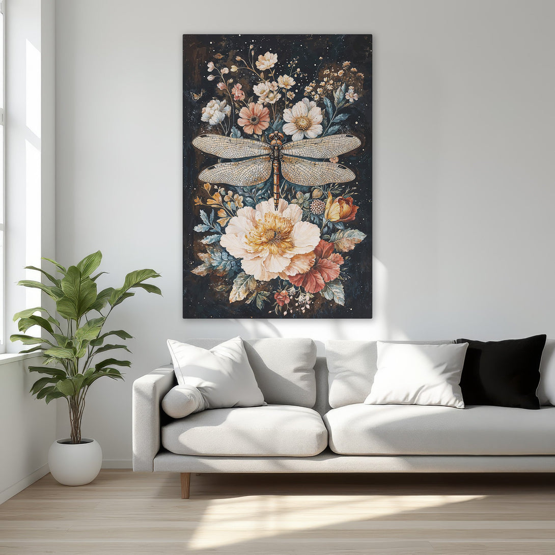 Framed Wall Art featuring a dragonfly and floral design in a dark, moody style with warm peach, red, and cream tones. Elevate your space!