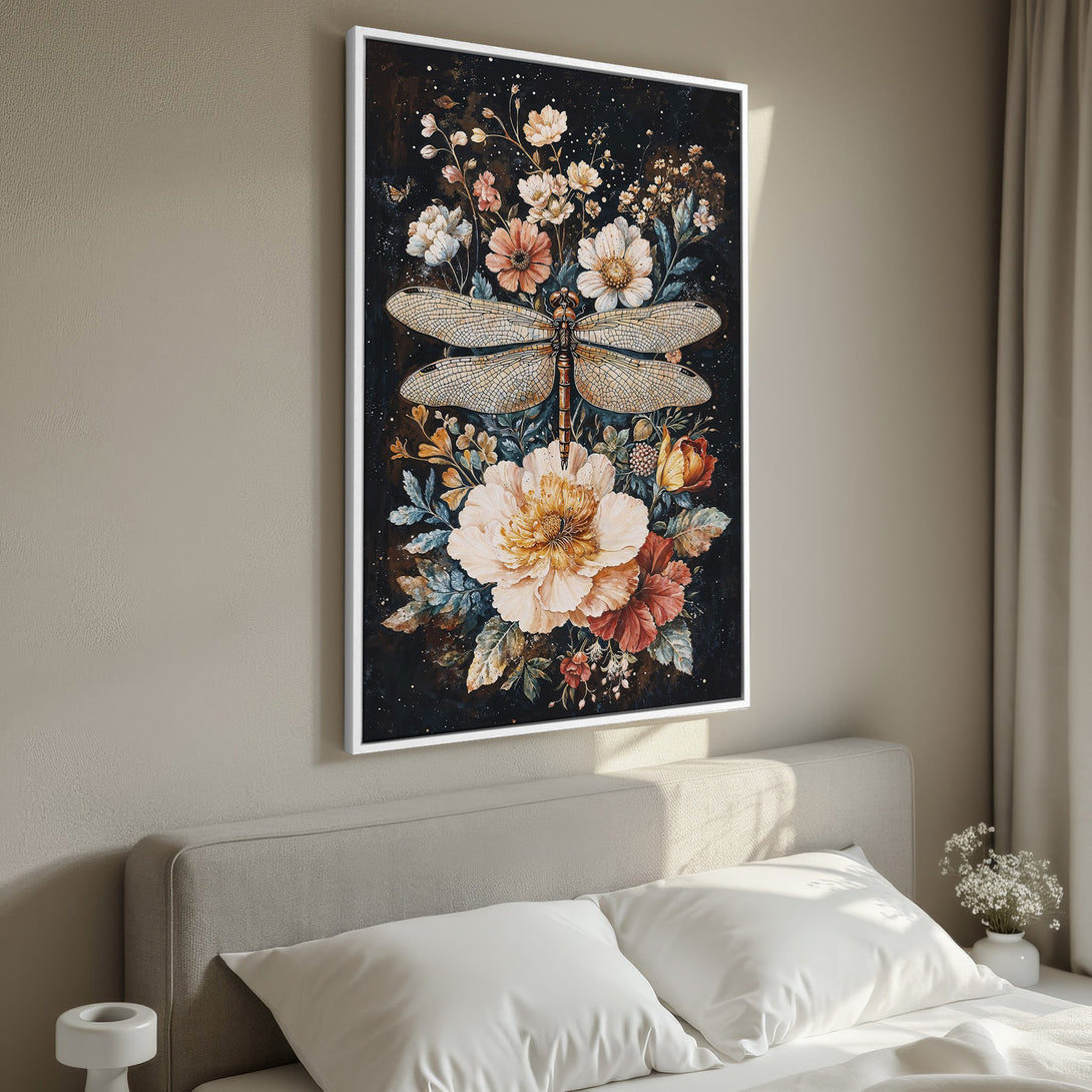 Framed Wall Art: Dragonfly & floral art print in a bedroom. Features a dark, moody background with warm peach, orange, and teal tones. Perfect bedroom decor!
