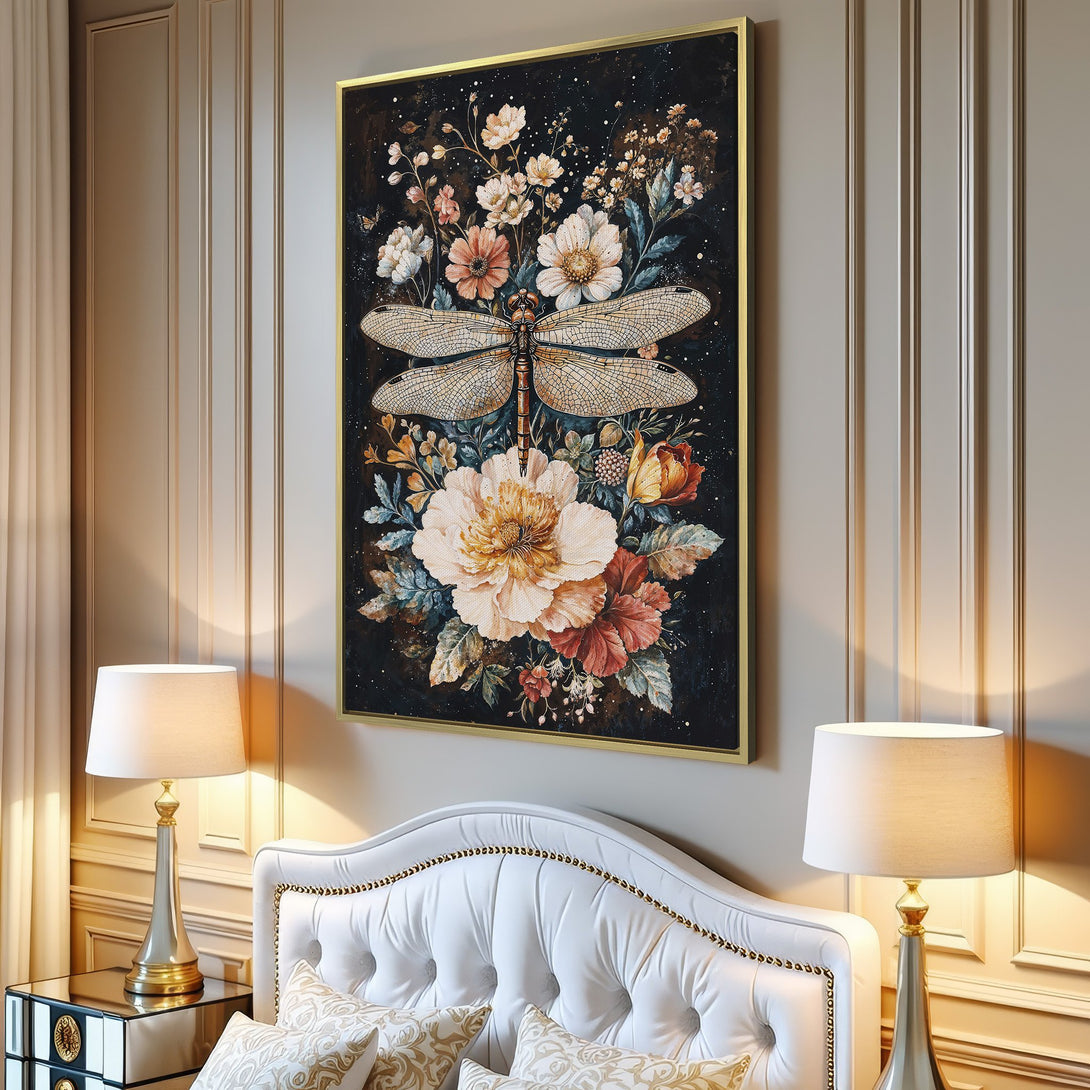 Canvas Print featuring a dragonfly and floral design in a watercolor style with a warm, earthy color palette. Perfect for adding a touch of nature to your home.