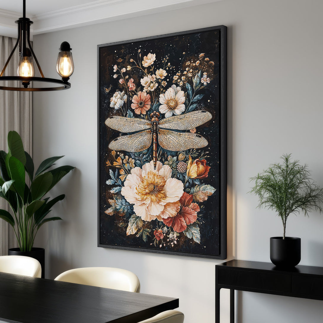 Framed Wall Art: Dragonfly and floral watercolor art print in a dark, moody color palette. Perfect for adding a touch of elegance to any space.