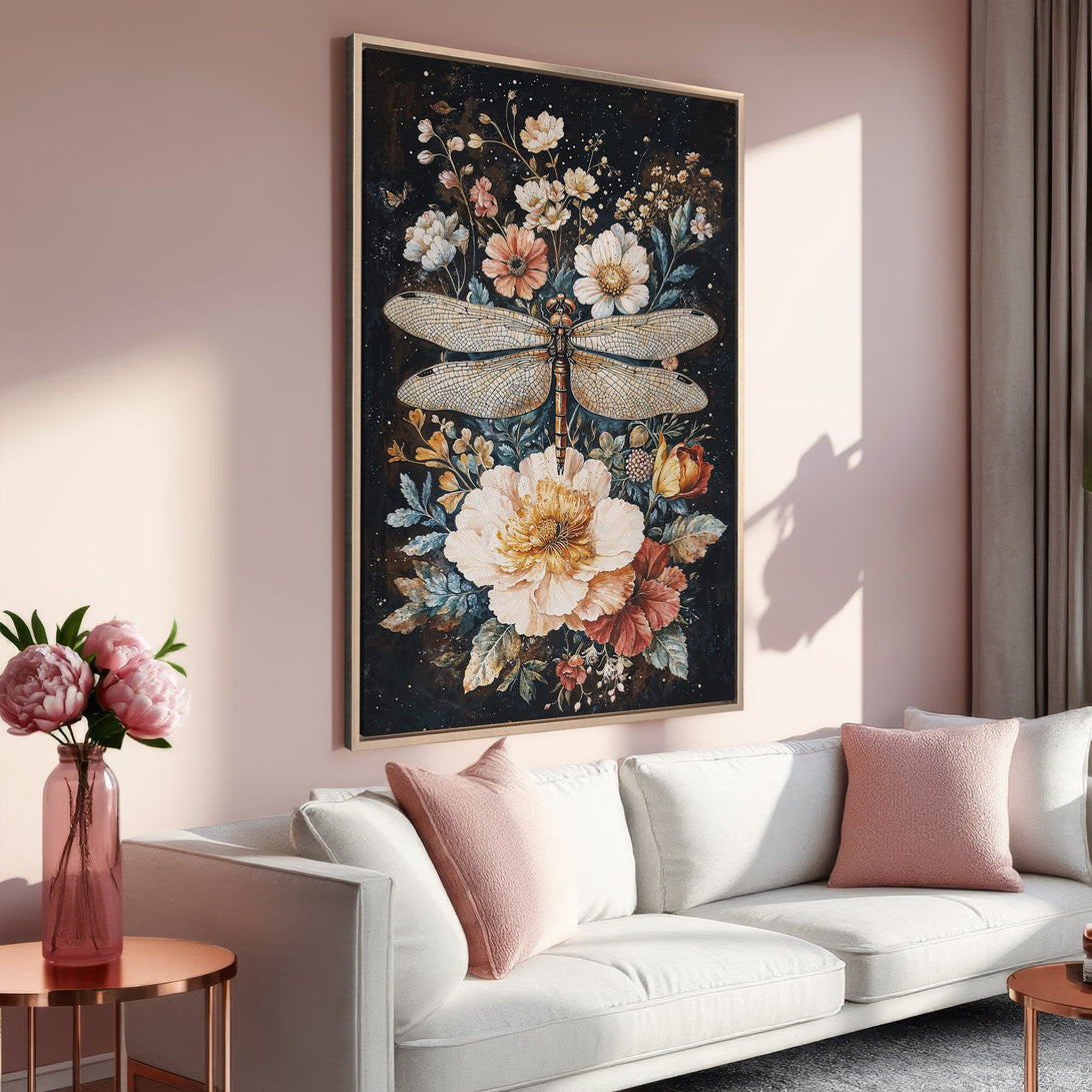 Framed Wall Art: Watercolor dragonfly and floral print in a warm, inviting color palette. Perfect for adding a touch of nature-inspired elegance to your home.