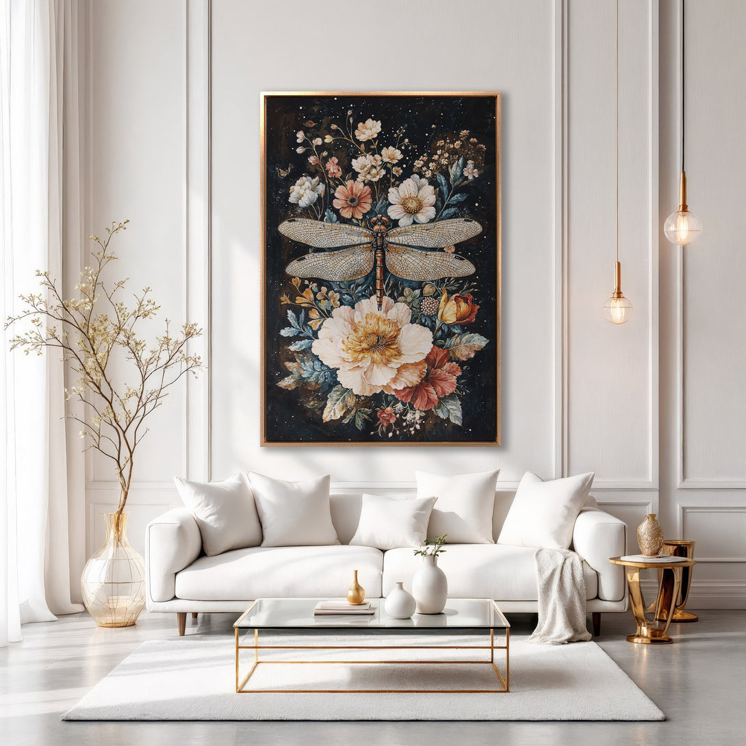 Framed Wall Art featuring a dragonfly and floral design in a dark, moody style with warm, neutral colors. Perfect for adding elegance to your home.