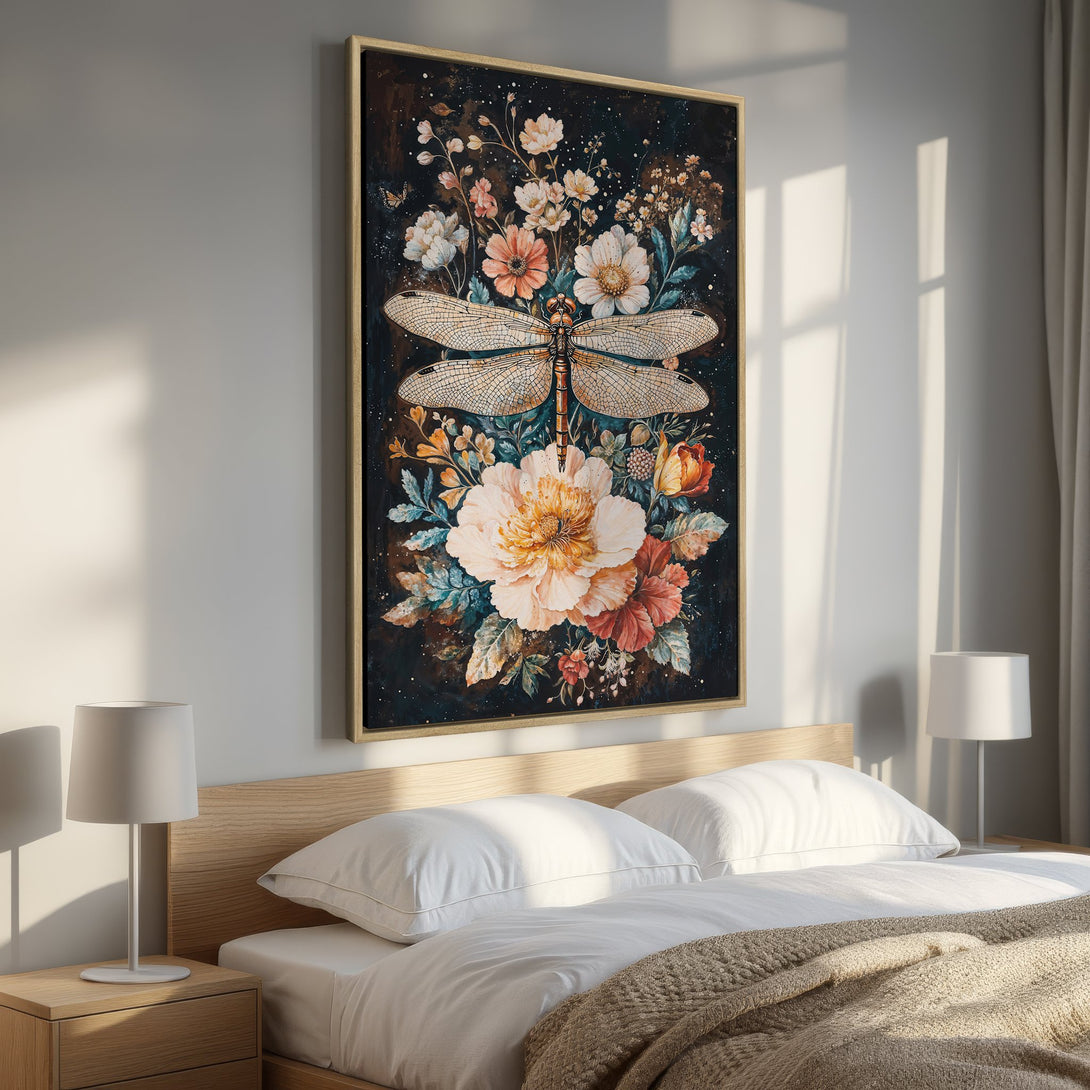 Framed Wall Art: Stunning dragonfly and floral art print with a dark, moody background. Featuring a warm, neutral color palette, perfect for bedroom decor.