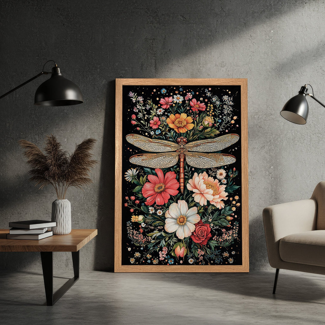 Framed Poster featuring a dragonfly and floral design, vibrant colors on black background, perfect wall art.