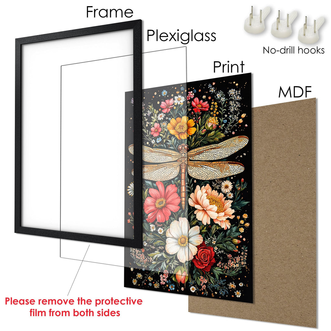 Framed Poster featuring a floral dragonfly design. Vibrant colors on a black background. Perfect wall art!