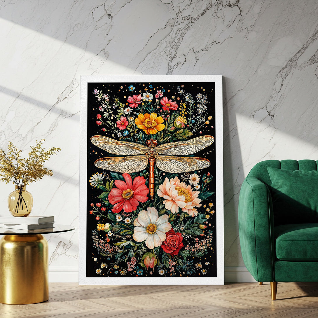 Framed Poster featuring a dragonfly and floral arrangement, vibrant colors on a black background. Perfect wall art!