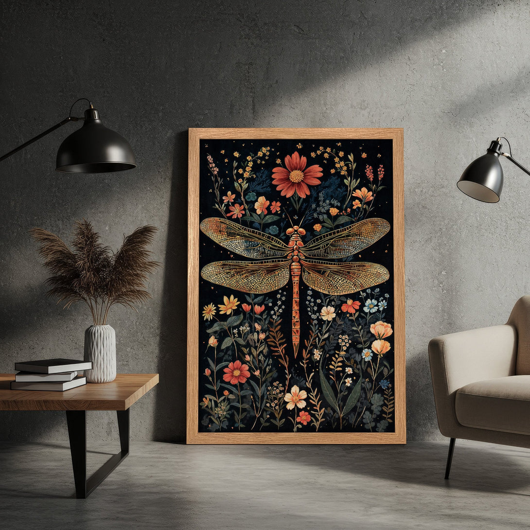 Framed Poster featuring a dragonfly and floral design in a vintage style, with a dark, warm color palette. Perfect wall art!