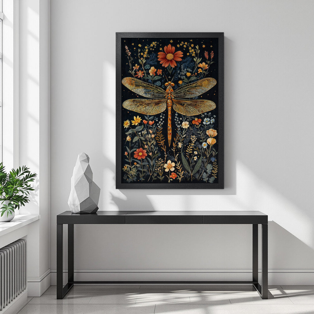 Framed Poster featuring a dragonfly and floral design. Artistic style with a dark, moody palette and warm gold accents.