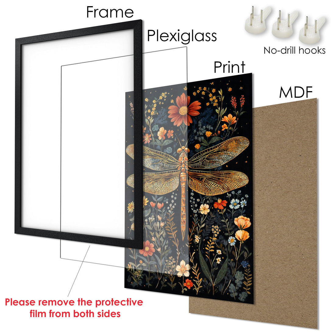 Framed Poster featuring a dragonfly and floral design in a botanical style with a dark and warm color palette.