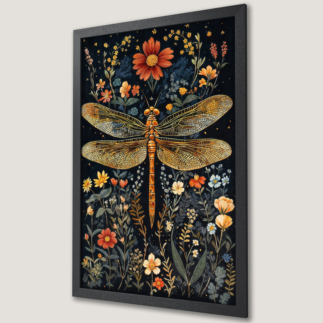 Framed Poster featuring a golden dragonfly and floral design on a dark background. Botanical art with warm, earthy tones. Perfect wall decor!