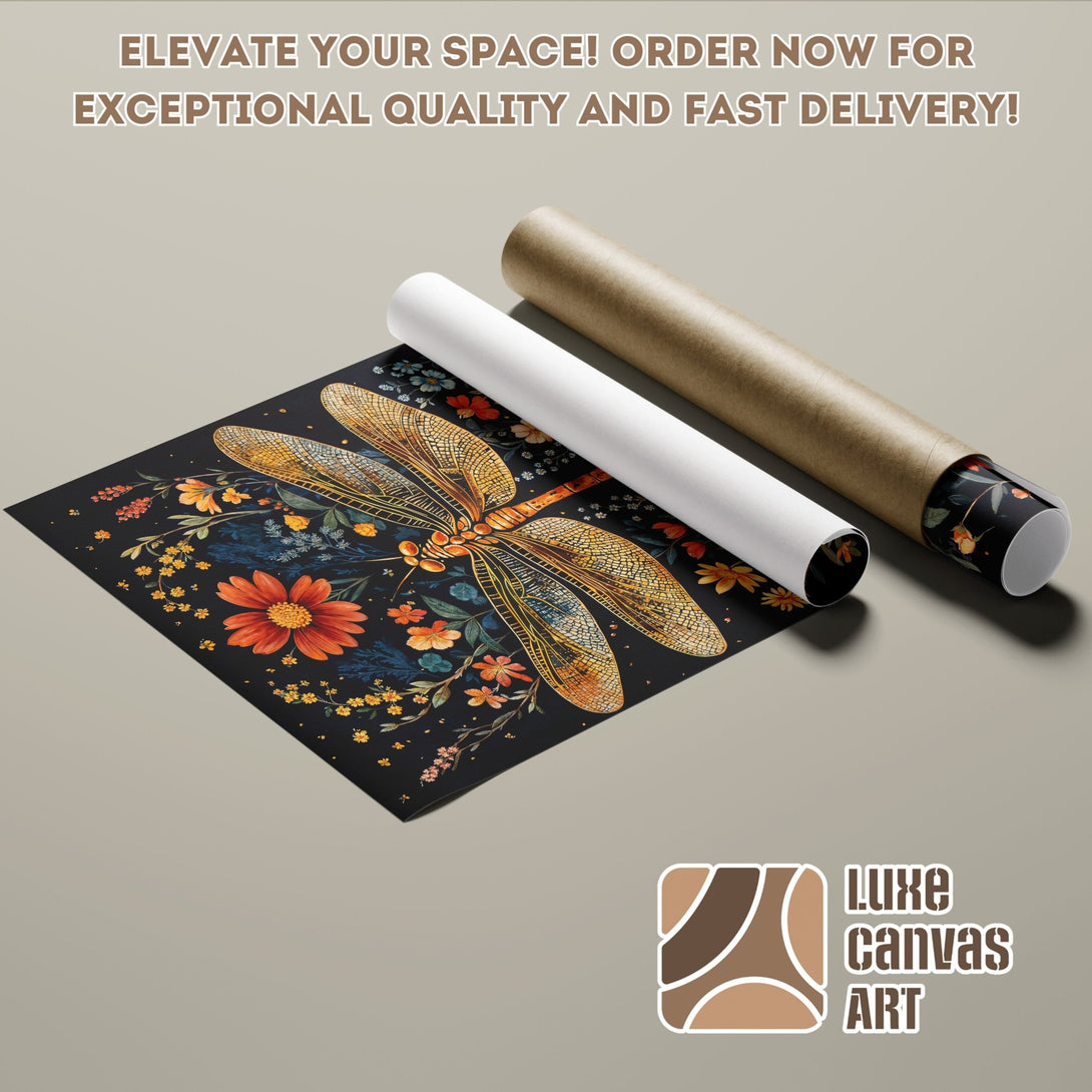Dragonfly Poster Roll with floral art, warm color palette. Elevate your decor! Shop now!