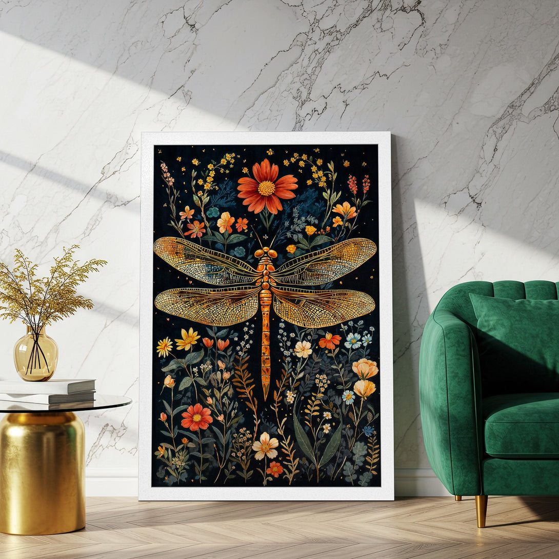 Framed Poster featuring a golden dragonfly and floral design on a dark background. Artistic style with warm, earthy tones. Perfect wall art!