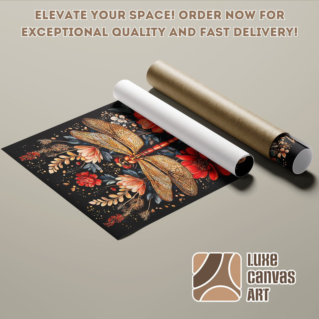 Poster Roll featuring a dragonfly and floral design in a dark, warm color palette. Elevate your space with Luxe Canvas Art!