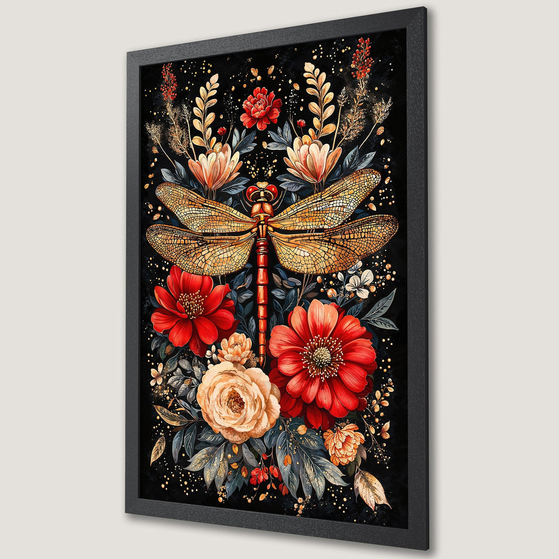 Framed Poster featuring a dragonfly and floral design. Artistic style with a black background, red, gold, and cream color palette. Perfect wall art.
