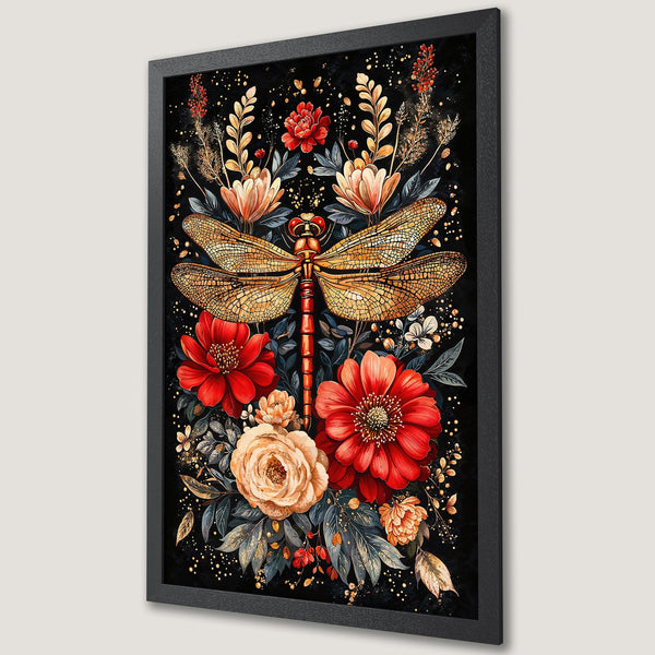 Framed Poster featuring a dragonfly and floral design. Artistic style with a black background, red, gold, and cream color palette. Perfect wall art.