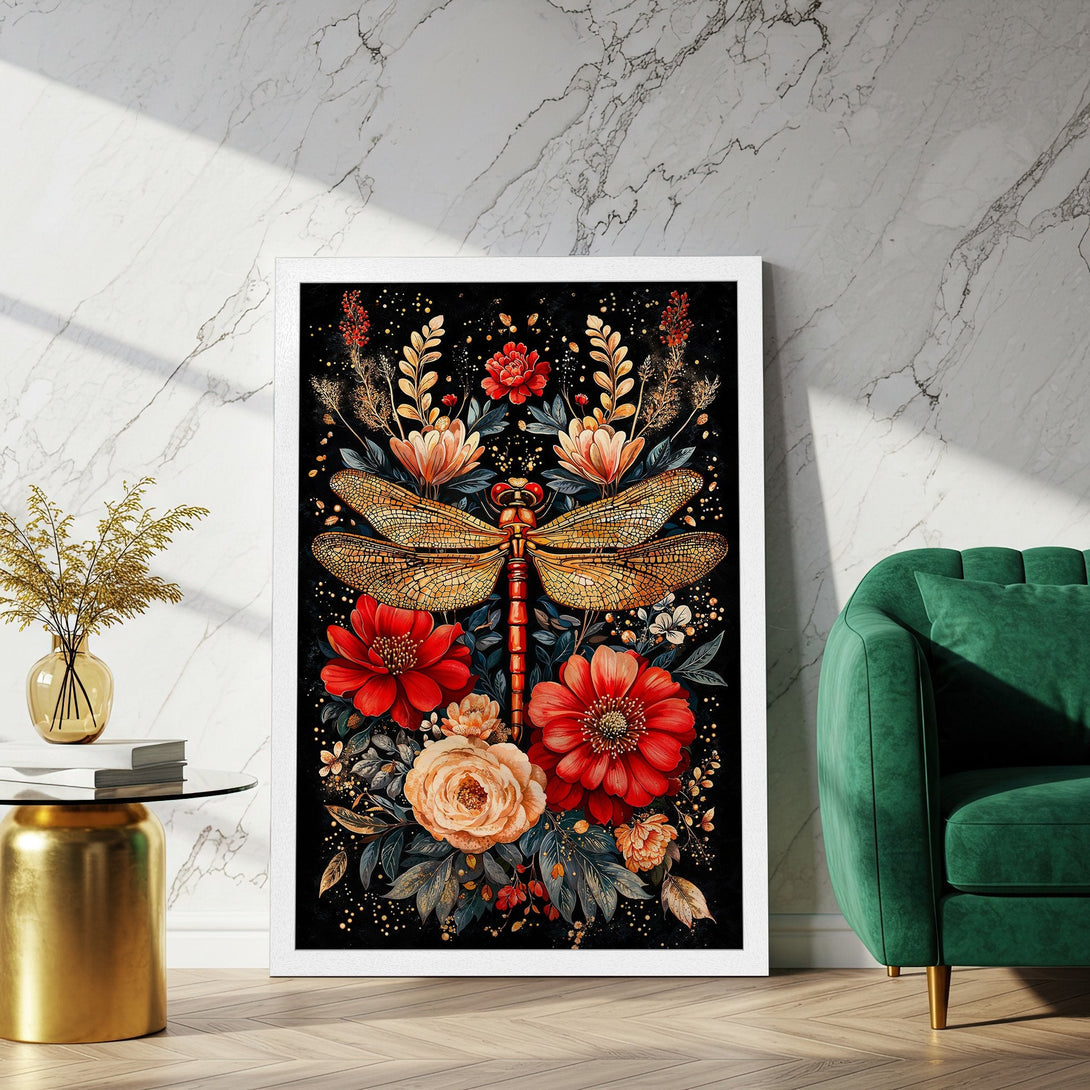 Framed Poster featuring a dragonfly and floral design in a botanical style with a vibrant red, gold, and black color palette.