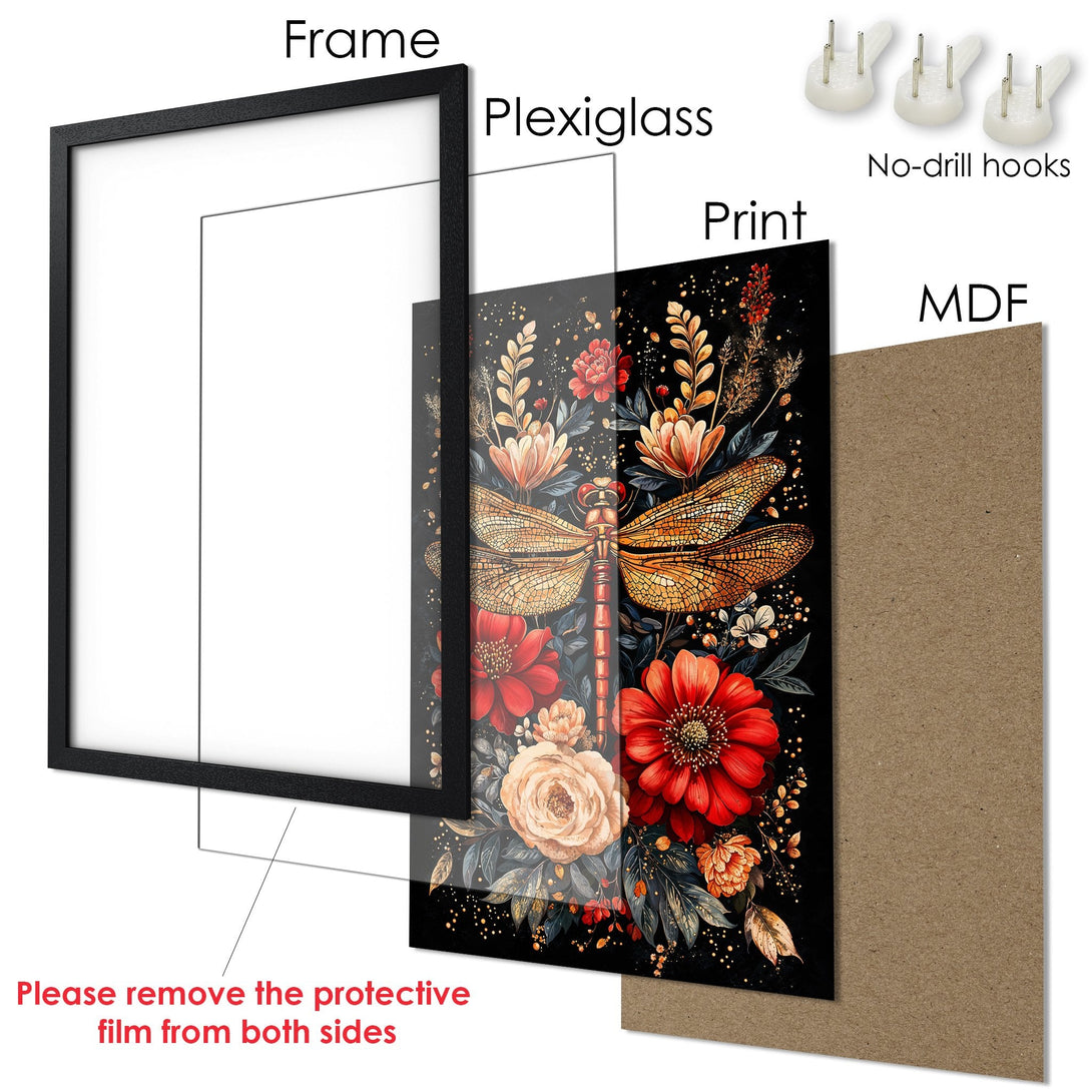 Framed Poster featuring a dragonfly & floral design in a dark, watercolor style with red, gold, and black color palette. Perfect wall art!