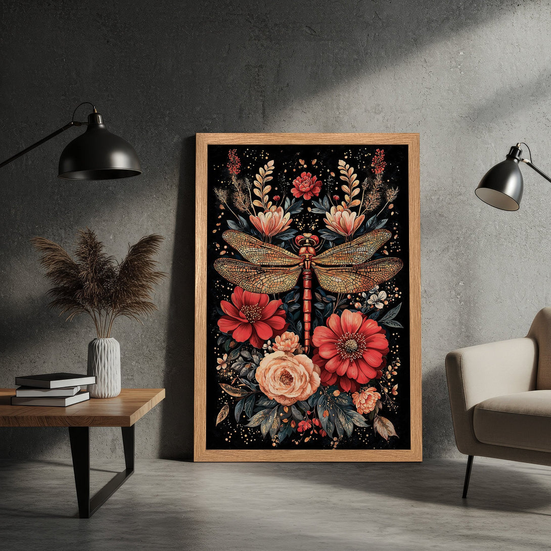 Framed Poster featuring a dragonfly and floral design in a watercolor style with a red, gold, and black color palette.