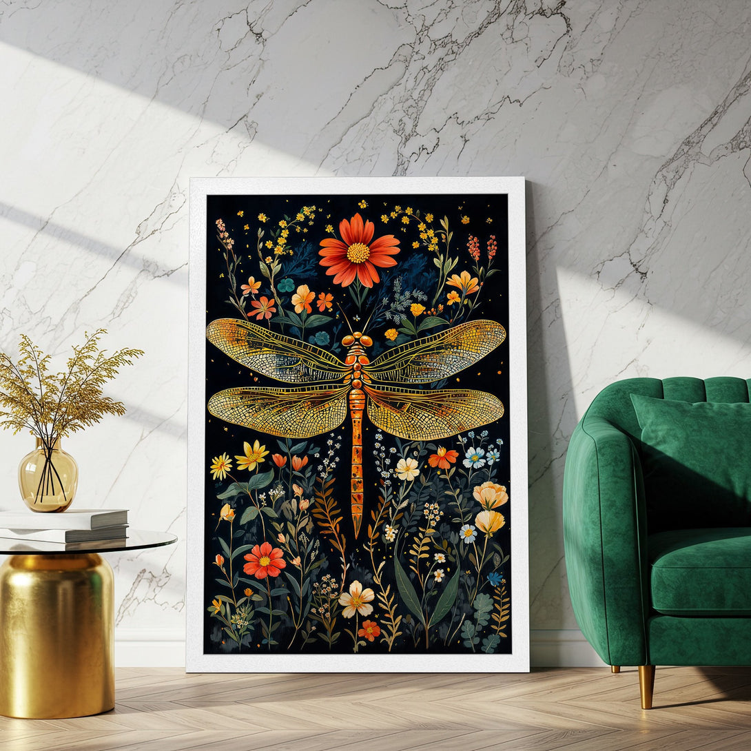 Framed Poster featuring a dragonfly and floral design. Botanical illustration in warm tones against a dark background. Perfect wall art.