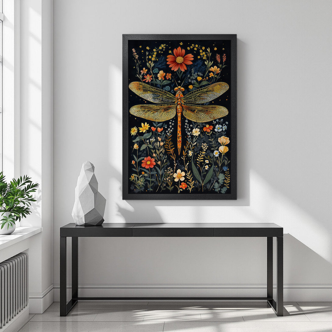 Framed Poster featuring a dragonfly and floral design. Earthy tones with a dark background, perfect for modern home decor.