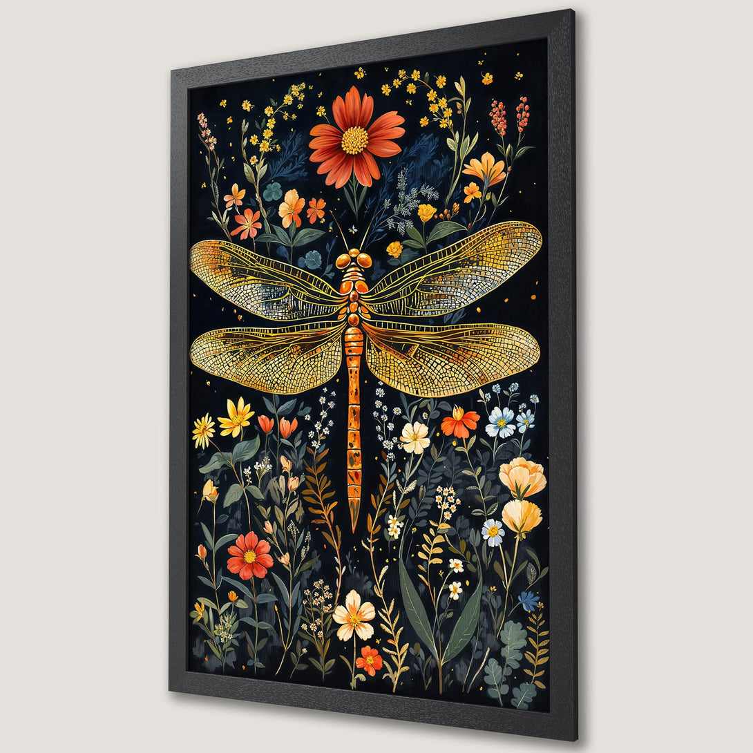 Framed Poster featuring a dragonfly and floral design in a vibrant, nature-inspired style with a dark, moody color palette.