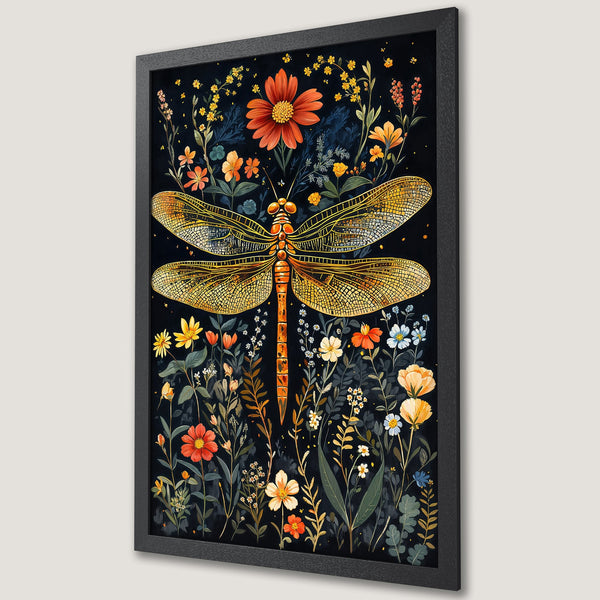 Framed Poster featuring a dragonfly and floral design in a vibrant, nature-inspired style with a dark, moody color palette.
