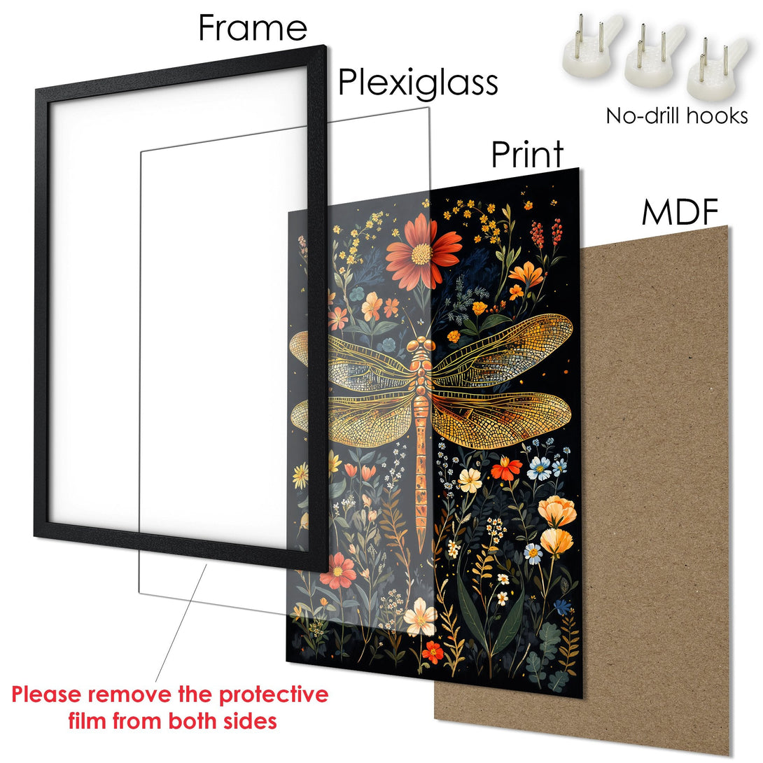 Framed Poster featuring a dragonfly and floral design, artistic style, with a dark color palette and pops of orange.