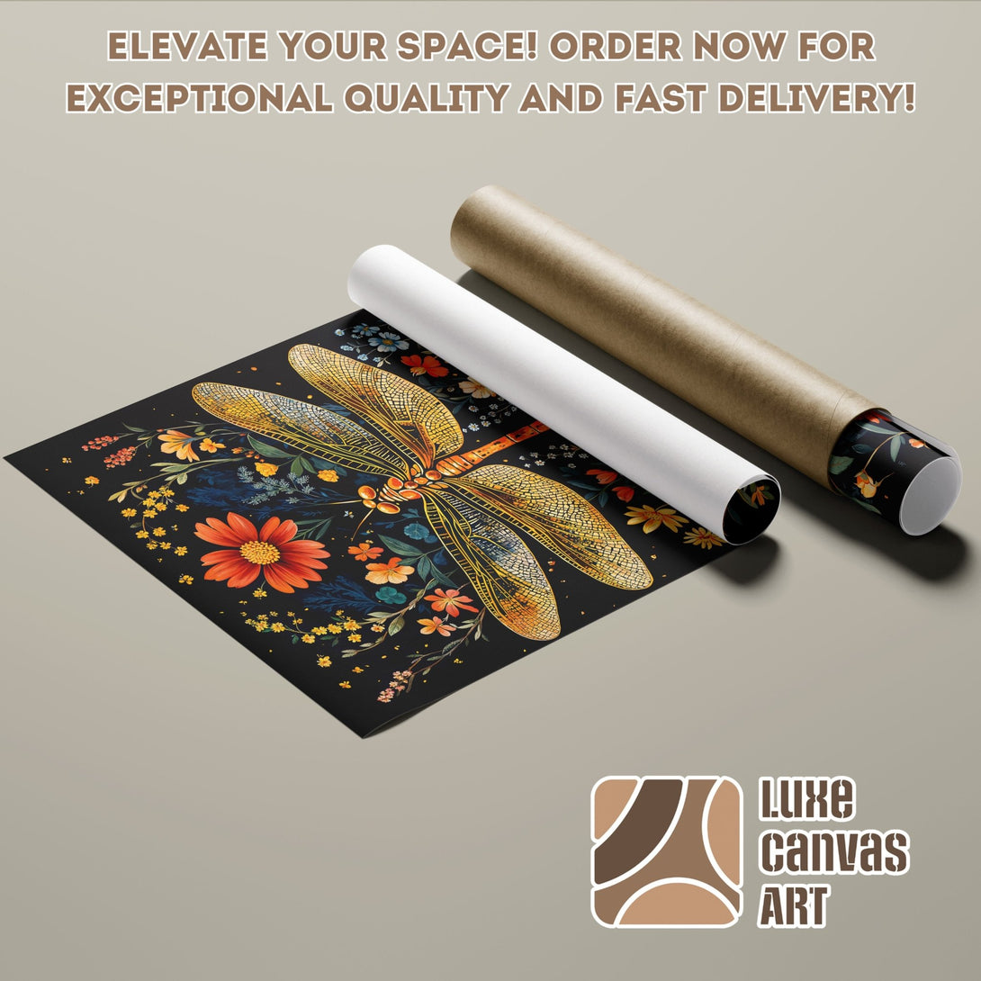 Dragonfly art poster roll with floral details. Featuring a black background, warm tones, and a modern style. Order yours today!