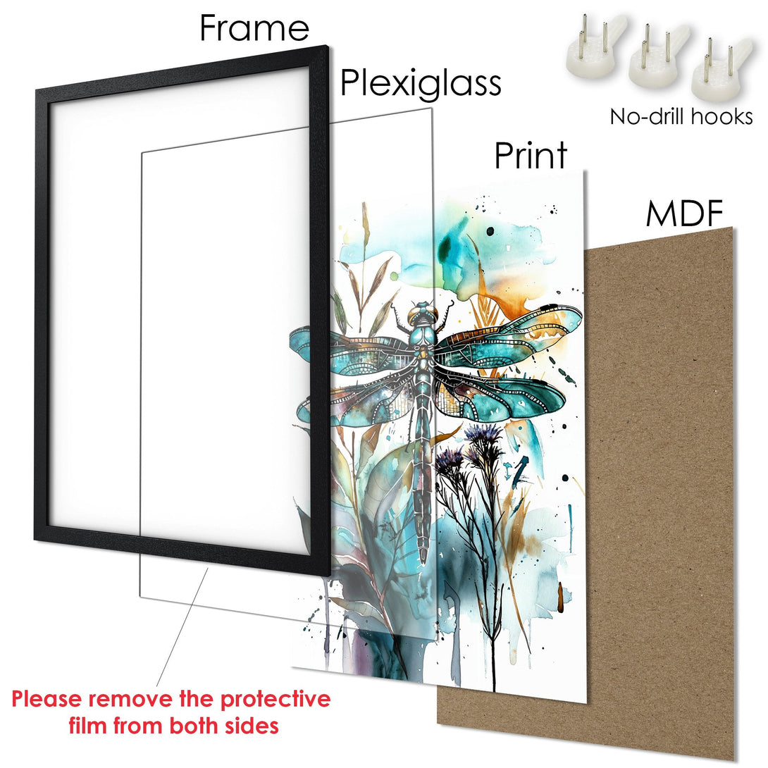 Framed Poster: Watercolor dragonfly art print with teal, blue, and brown color palette. Perfect wall decor!