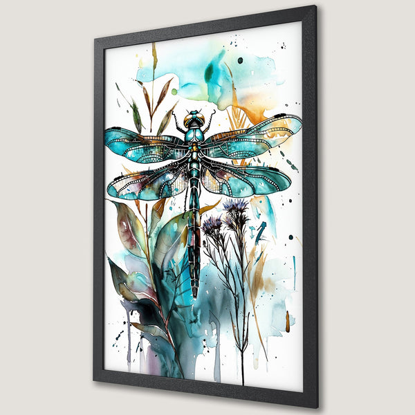 Framed Poster: Watercolor dragonfly art print in teal and gold. Botanical style poster for home decor.