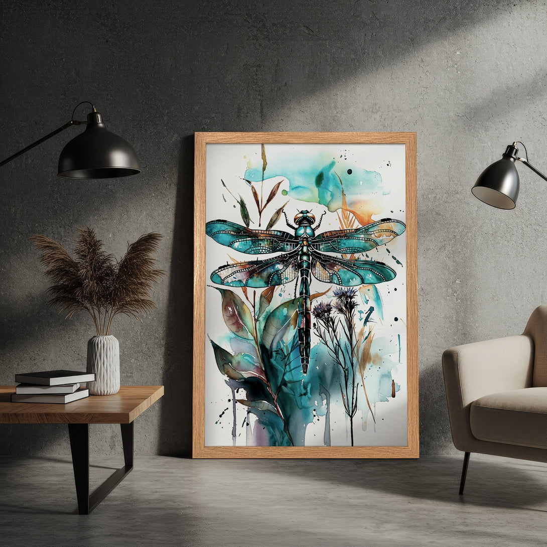 Framed Poster featuring a watercolor dragonfly in teal and blue tones. Modern art print for home decor.