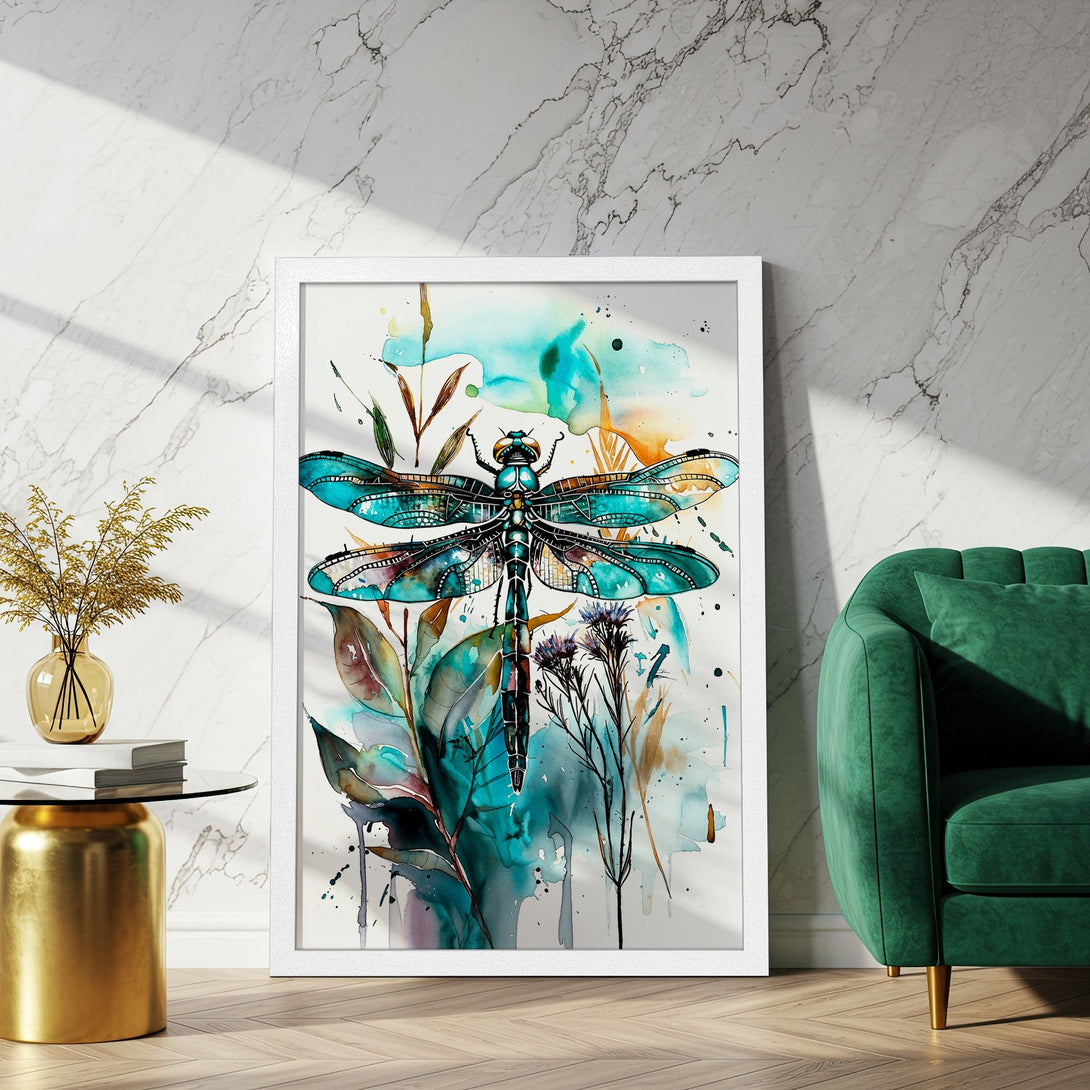 Framed Poster featuring a watercolor dragonfly in teal and blue. Modern art style, perfect for home decor.