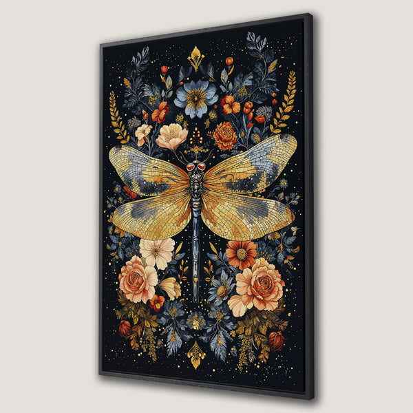 Framed Wall Art featuring a watercolor dragonfly surrounded by flowers. Warm, earthy tones on a dark background create a stunning botanical print.