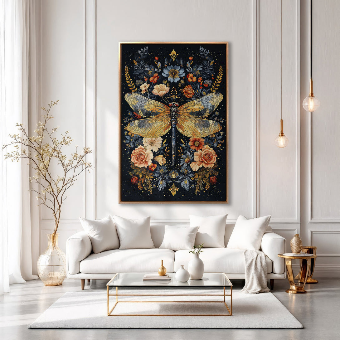 Framed Wall Art: Elegant dragonfly canvas print in a modern interior. Features a floral design with a gold, blue, and black color palette. Perfect for home decor.