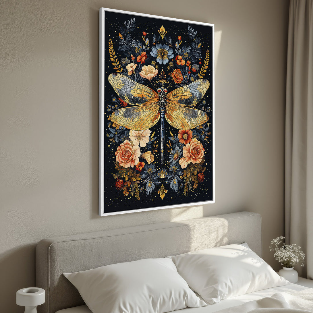 Framed Wall Art: Elegant dragonfly print with floral accents. Warm gold, orange, and blue hues on a black background. Perfect bedroom decor.