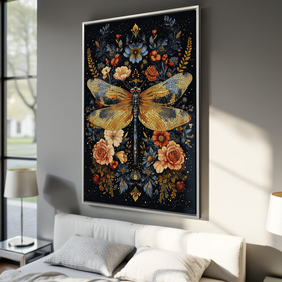 Framed Wall Art: Stunning dragonfly print with floral accents in a dark, moody color palette. Perfect for adding a touch of elegance to any space. Shop now!
