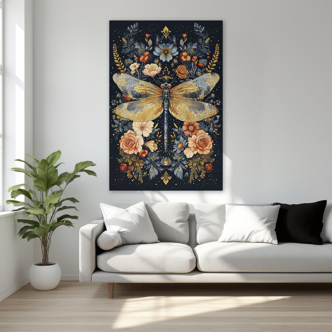 Framed Wall Art of a dragonfly with floral accents in a dark, elegant style. Warm gold, orange, and blue hues create a stunning focal point.