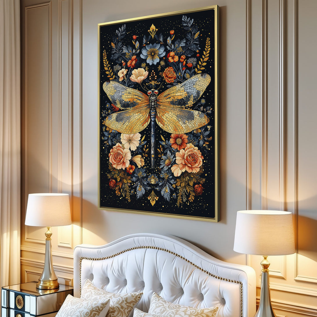 Canvas Print featuring a vibrant dragonfly and floral design. Rich navy, gold, and peach tones create a stunning, artistic statement piece.
