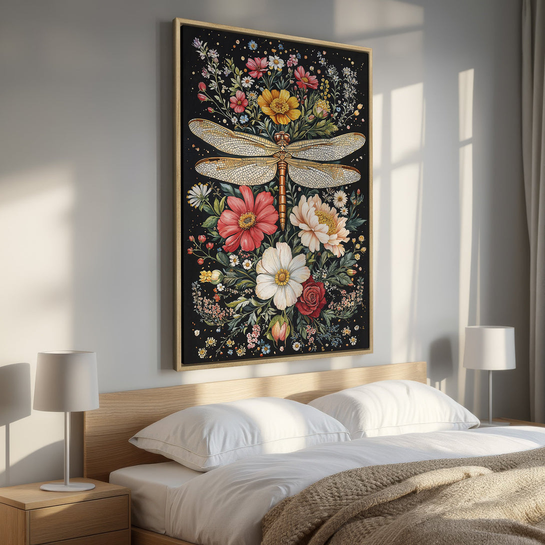 Framed Wall Art: Dragonfly & floral canvas print with vibrant colors. Botanical art decor in a bedroom setting. Adds a touch of nature & elegance.
