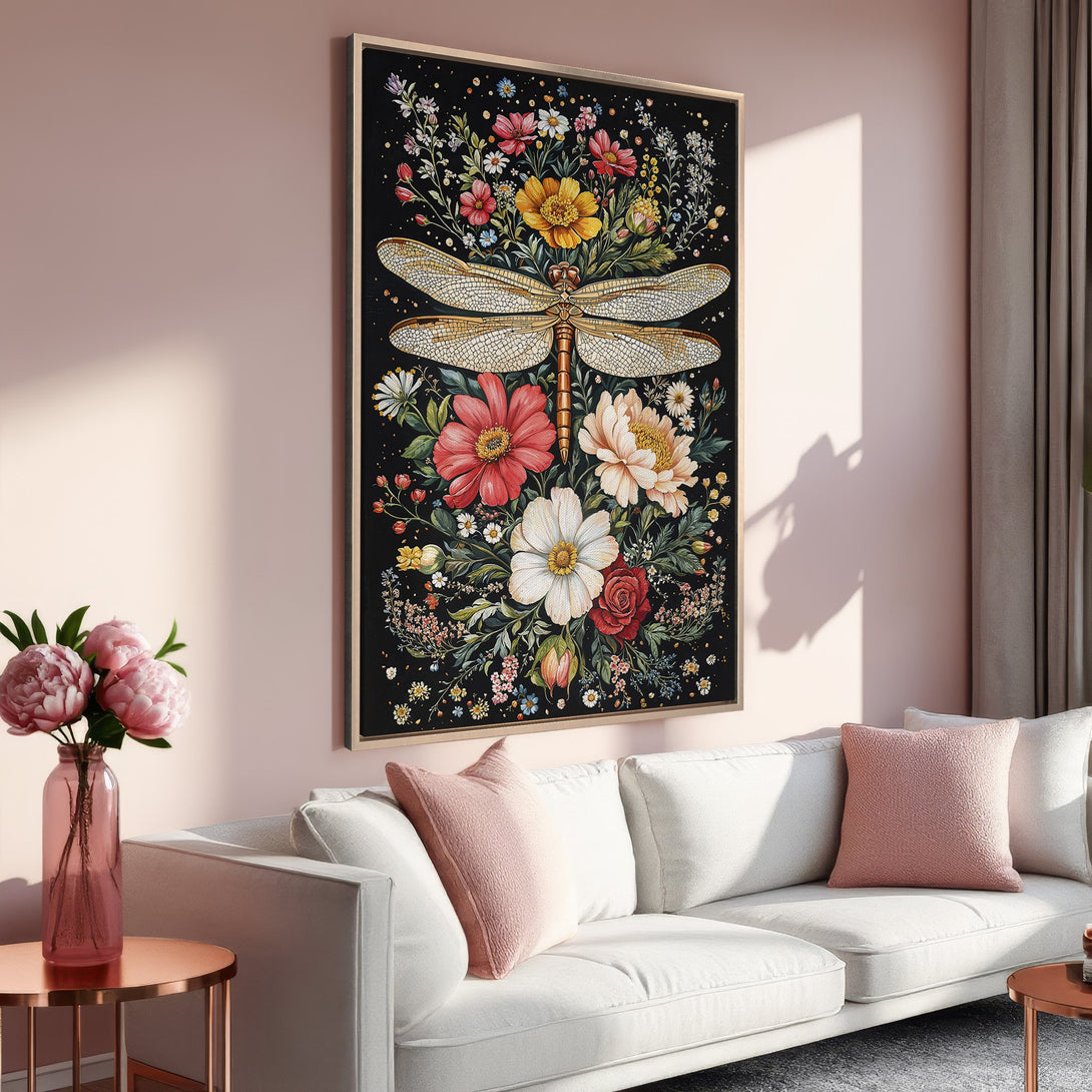 Framed Wall Art: Dragonfly & floral design in a watercolor style. Features a black background with vibrant blooms in pink, yellow, and red. Perfect for home decor.
