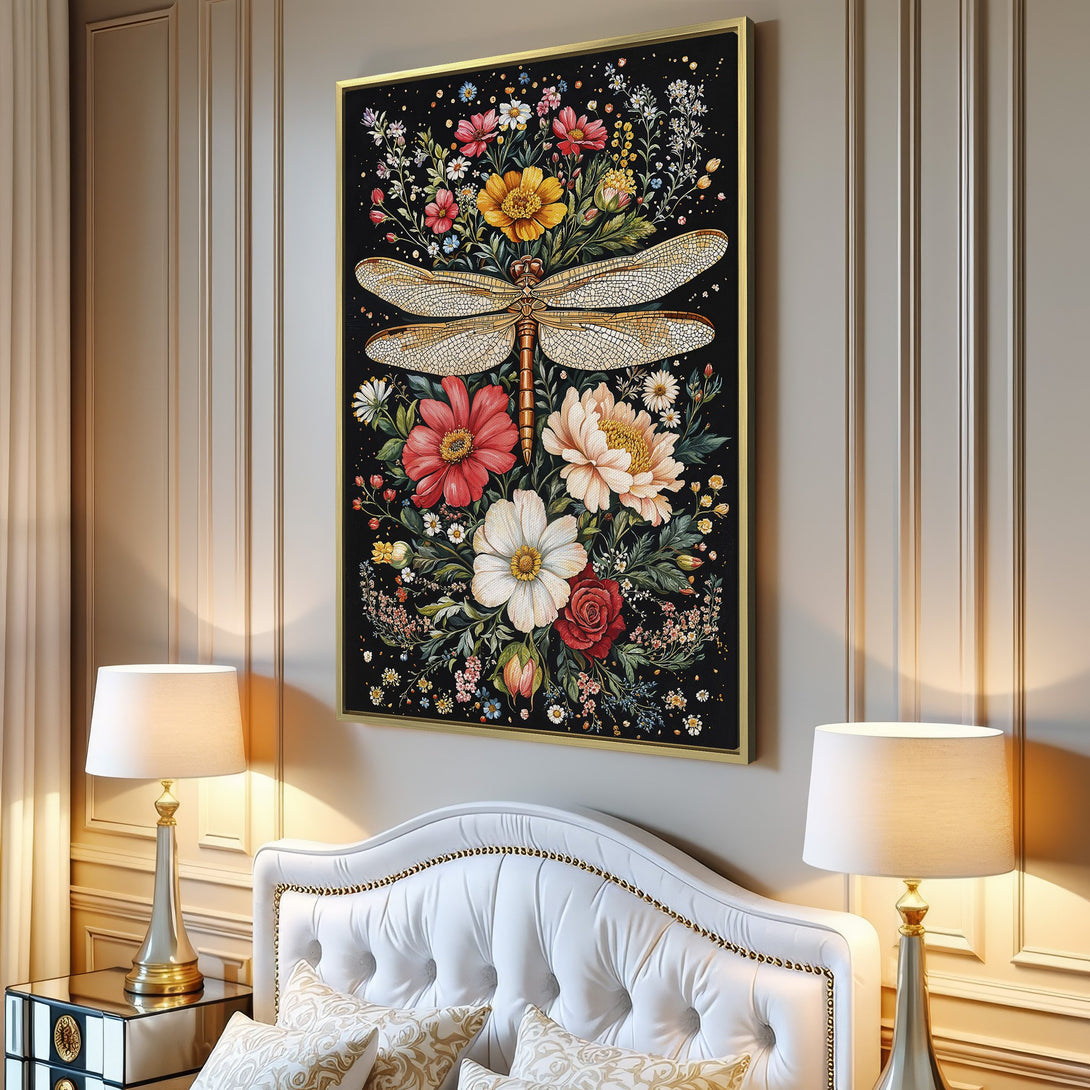 Canvas Print featuring a dragonfly and floral design in a vibrant, botanical style. Rich colors on a black background, perfect for home decor.