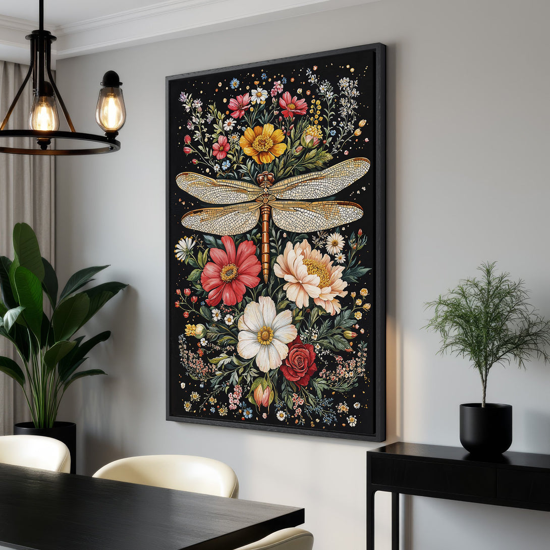 Framed Wall Art: Dragonfly and floral design Canvas Print. Botanical illustration with a black background, vibrant colors, and a touch of gold. Perfect for home decor!