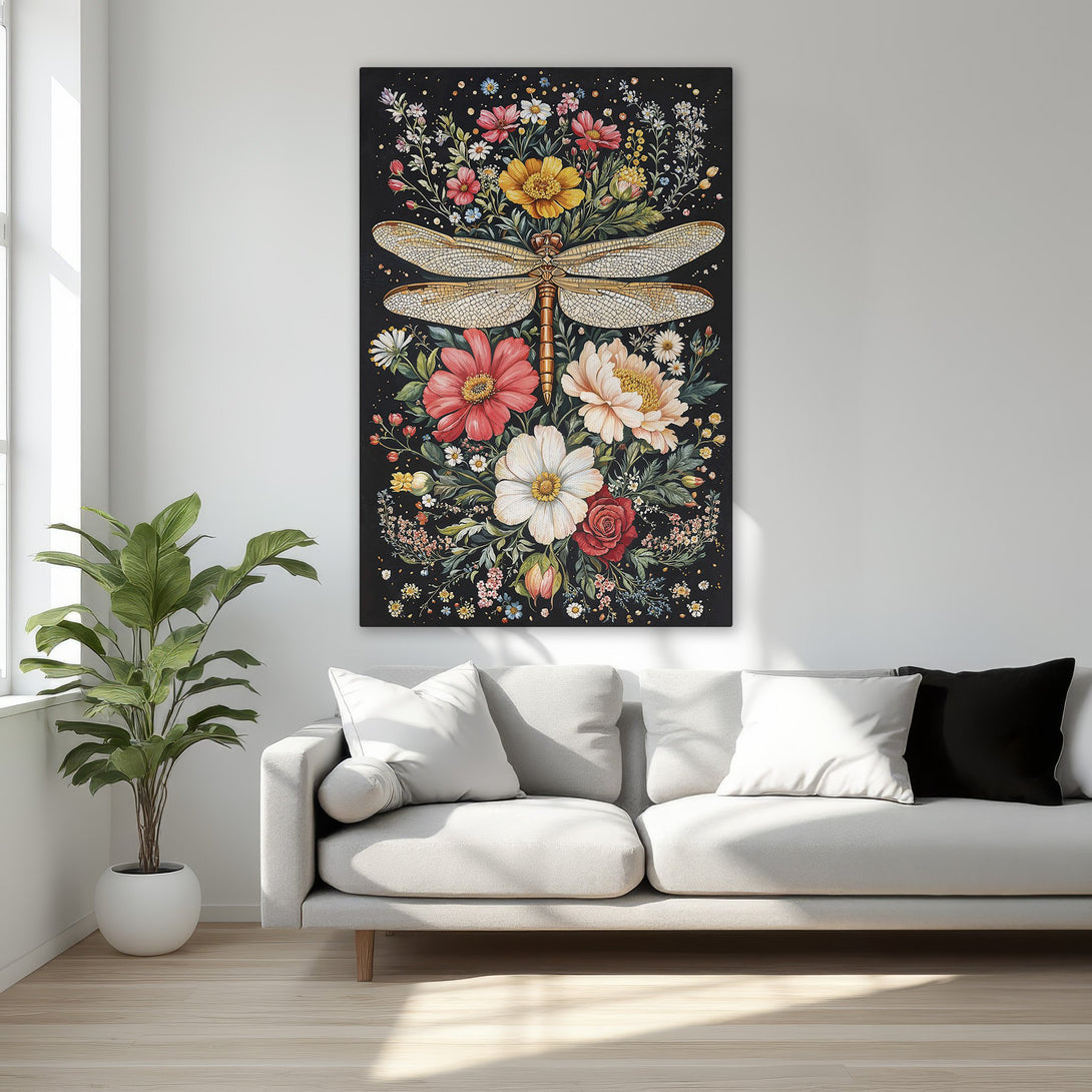 Framed Wall Art featuring a dragonfly and floral design on a black background. A beautiful Canvas Print with a rich, colorful palette. Perfect for bedroom decor.