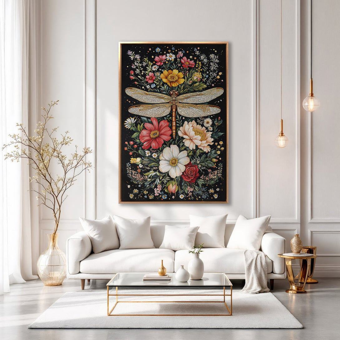 Framed Wall Art: Elegant dragonfly and floral design in a gold frame. Adds a touch of nature and sophistication with a black background and colorful accents.
