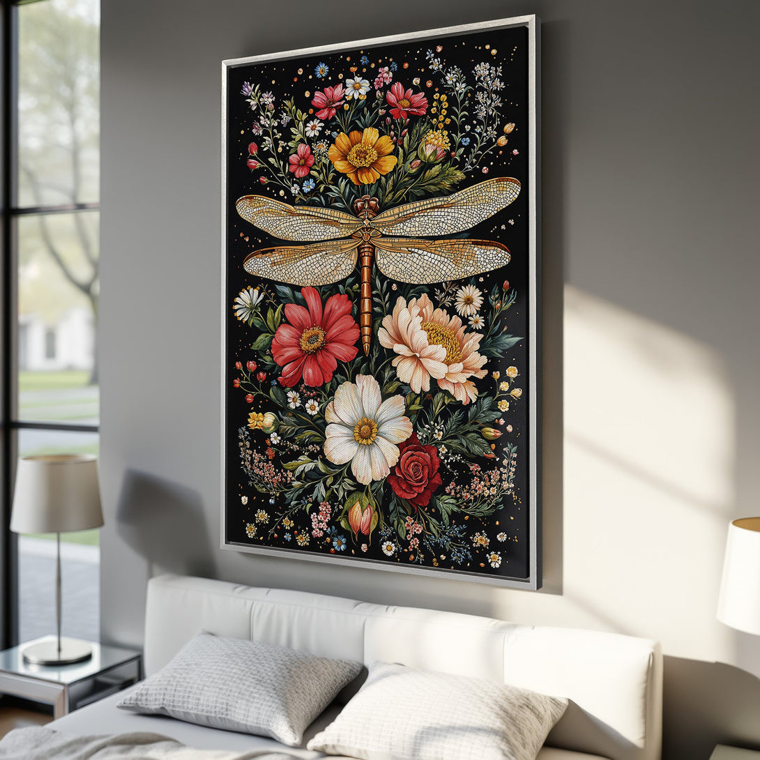 Framed Wall Art: Dragonfly and floral Canvas Print in a bedroom. Featuring a vibrant, watercolor style with a black background and colorful blooms.