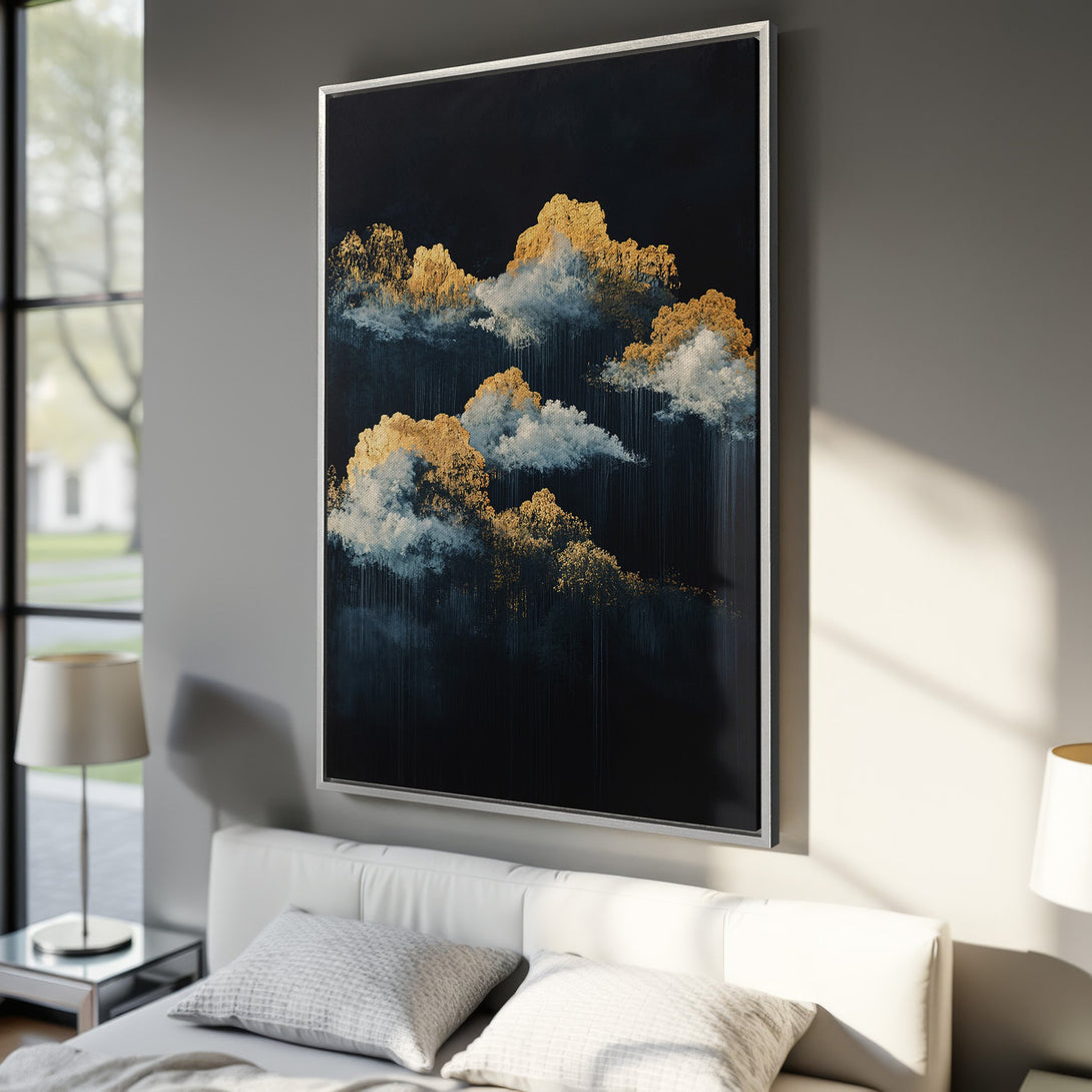 Framed Wall Art: Abstract cloud painting in gold, white, and navy blue. Modern artwork for elegant home decor. Canvas print adds a touch of luxury.