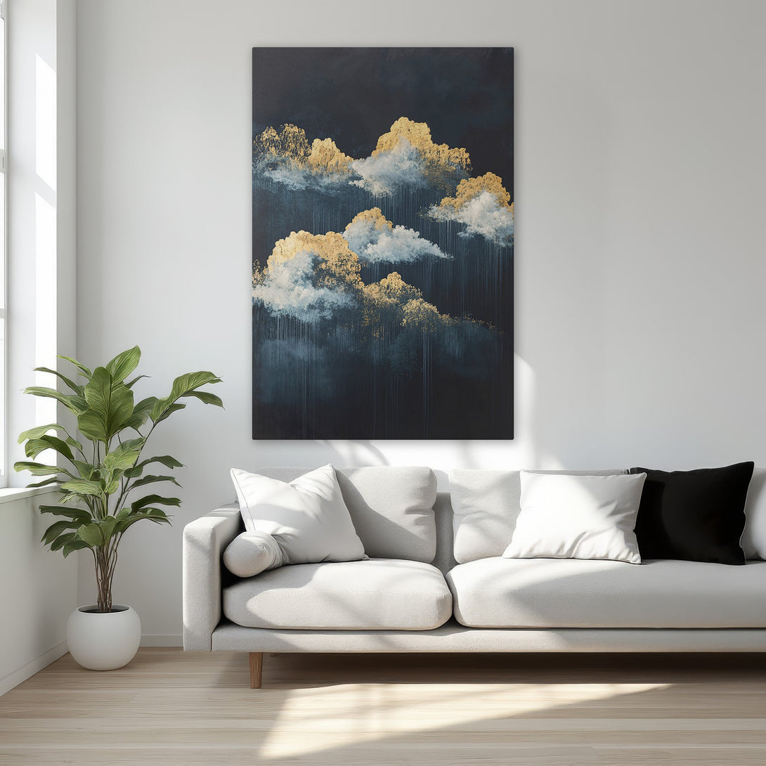 Framed Wall Art featuring abstract cloud art in gold, blue, and white. Modern canvas print adds elegance and sophistication to any bedroom.